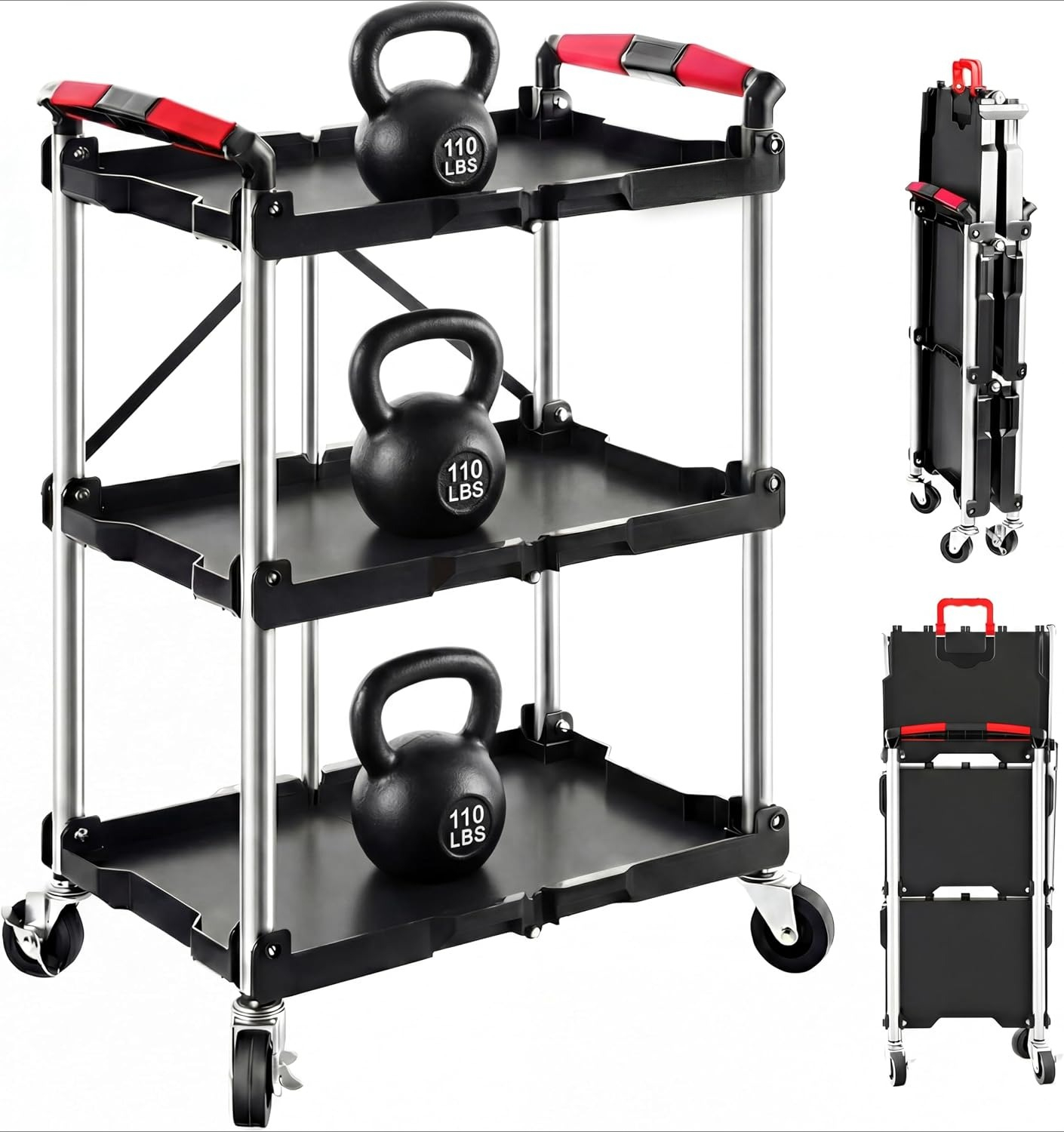 Tools Trolley For Workshop - 3-Shelf Foldable Rolling Utility Service Cart